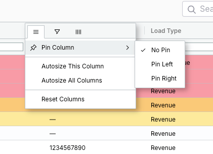 Pin Column options in the column dropdown menu