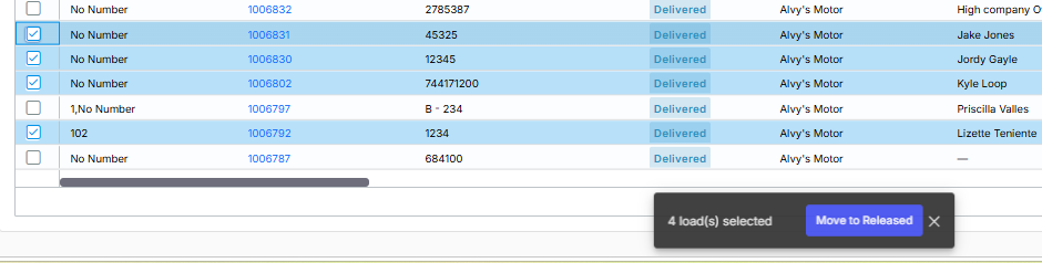 Screenshot of the multi-select checkbox flow and Move to Released modal.