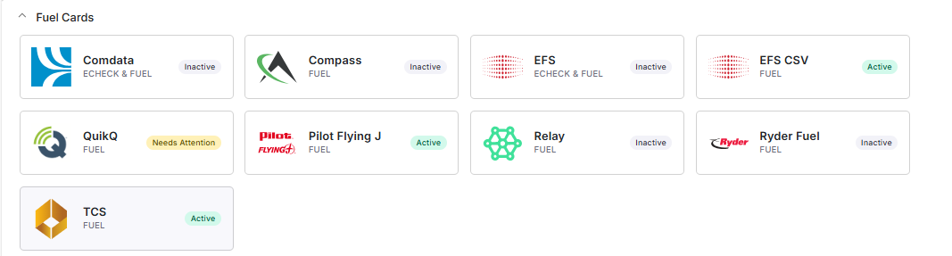 Upload fuel-provider-integration-setup.gif here. This image shows the Integrations page with the Fuel category selected, the pencil icon being clicked, and the credential entry form being completed and saved