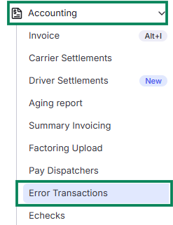 Accounting menu with Error Transactions highlighted