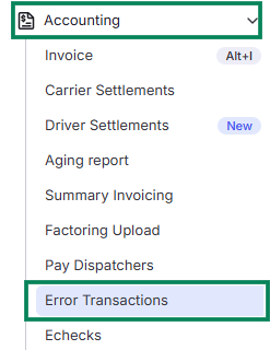 Accounting menu with Error Transactions highlighted