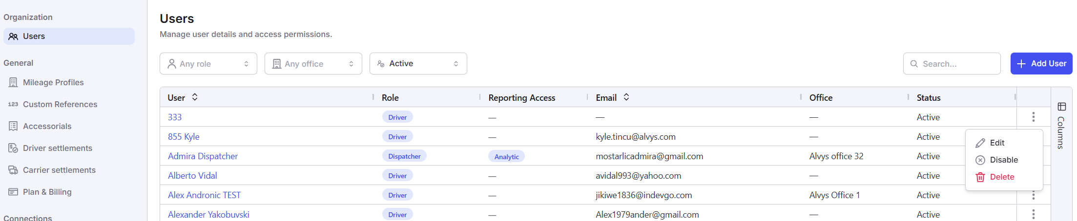 User list showing the Edit option and Add User button.