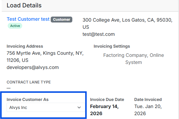Displays the revised Load Details form showing a highlighted blue box around the Invoice Customer As selection dropdown menu.