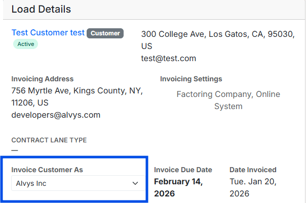 Displays the revised Load Details form showing a highlighted blue box around the Invoice Customer As selection dropdown menu.