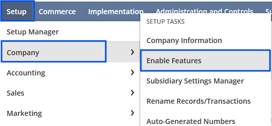 NetSuite menu: Setup > Company > Enable Features