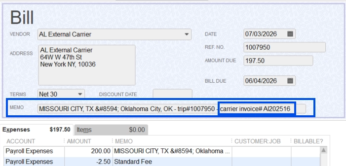 Screenshot showing a carrier bill in the QuickBooks Vendor Center.