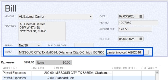 Screenshot showing a carrier bill in the QuickBooks Vendor Center.