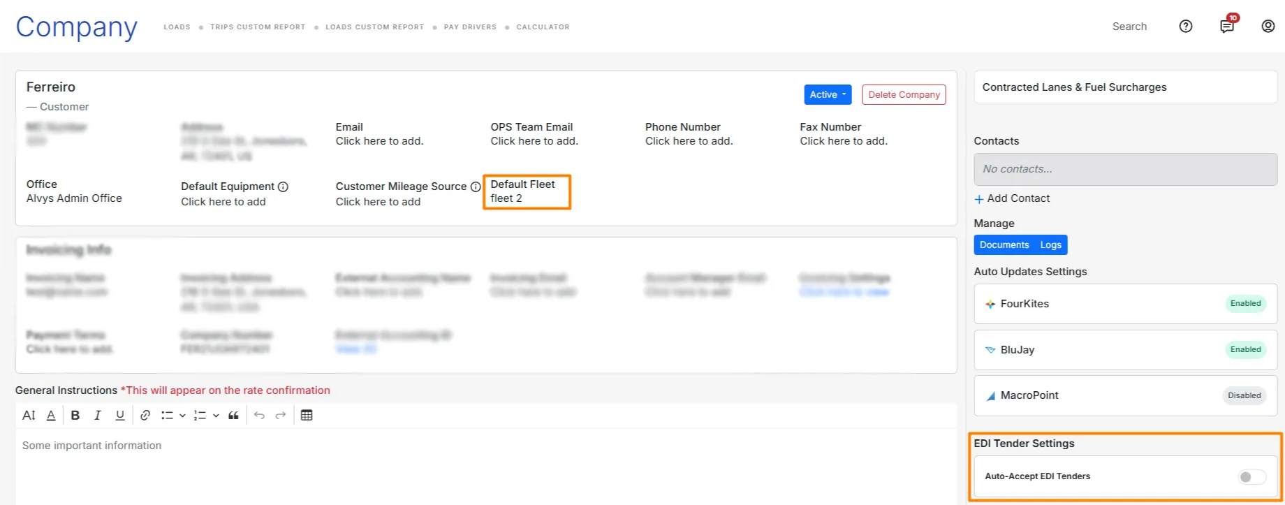 Company Details page with Default Fleet set and the Auto-Accept Tender toggle switched on