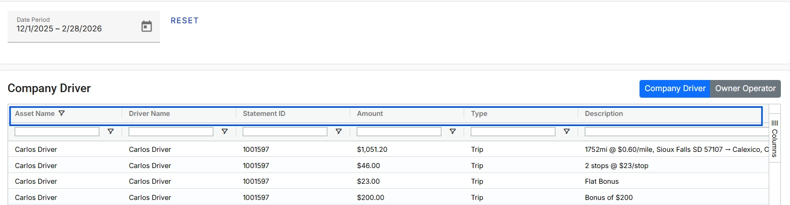 Screenshot showing the Alvys Statement Items Report.