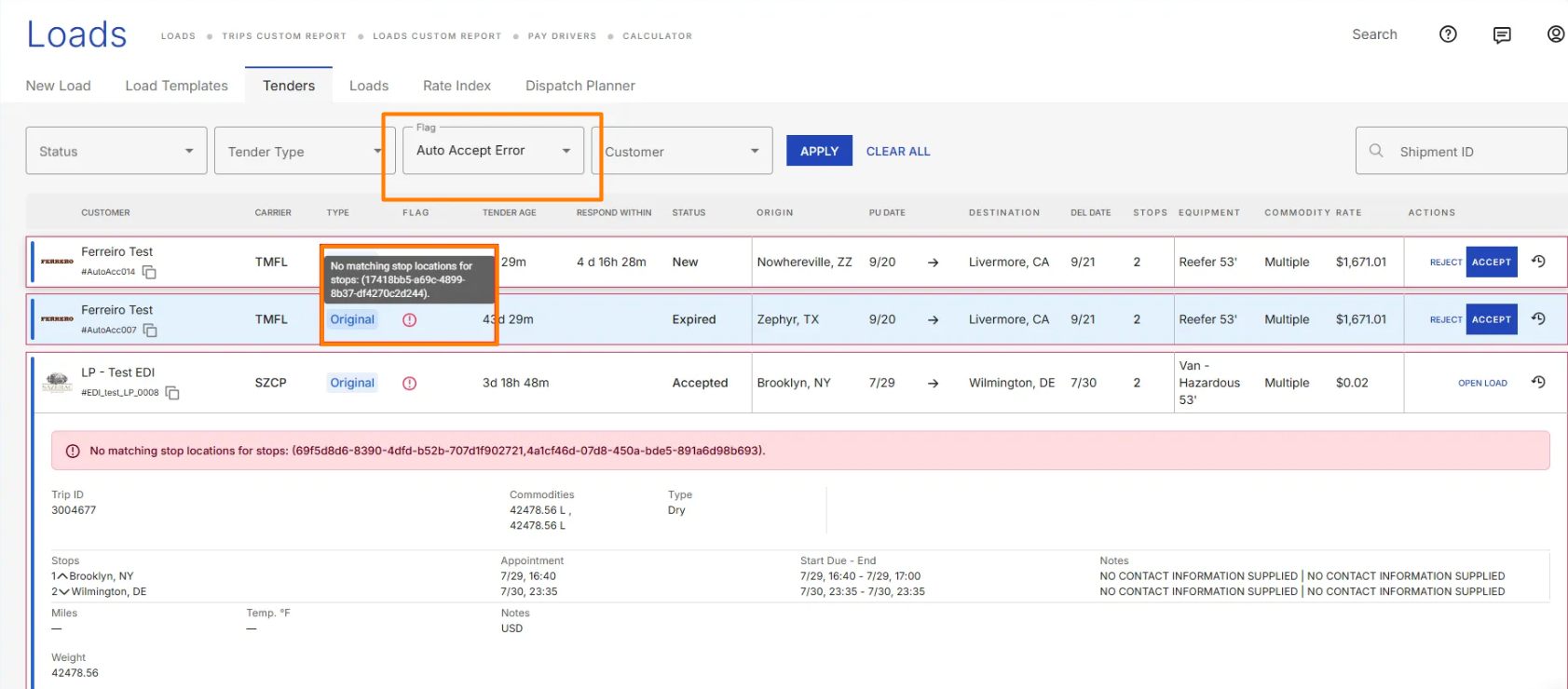 Tenders board with Auto-Acceptance Error filter applied, showing flagged tenders highlighted in red