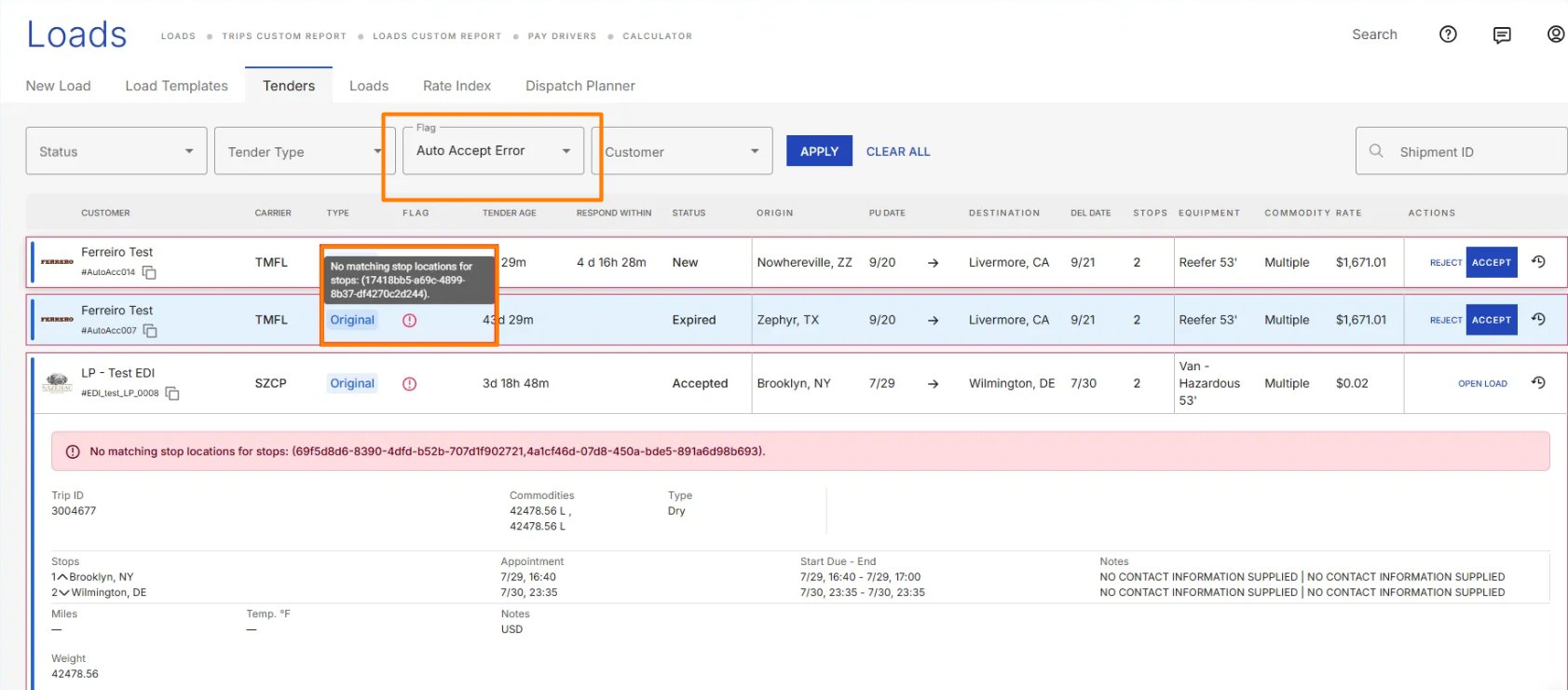 Tenders board with Auto-Acceptance Error filter applied, showing flagged tenders highlighted in red