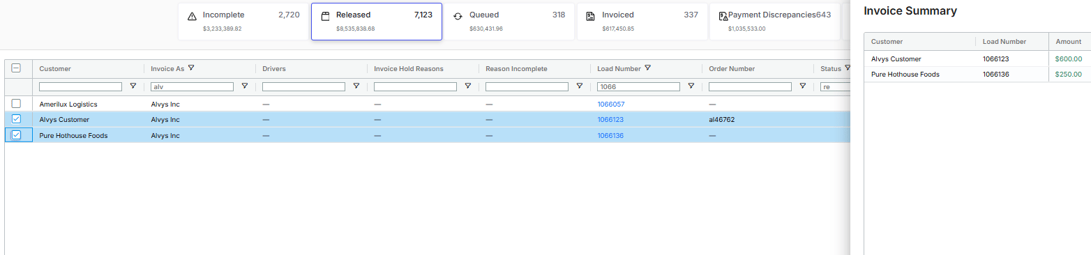 Image showing loads selected for invoicing in the released tab