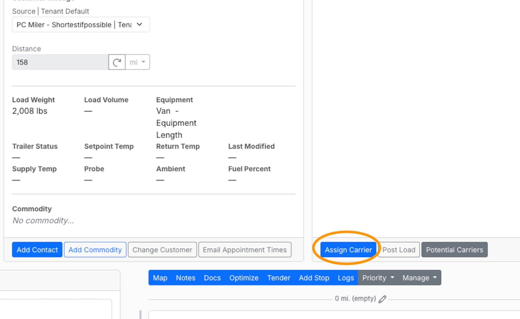 The Carrier Details panel with the 'Assign Carrier' button visible in the bottom left corner.