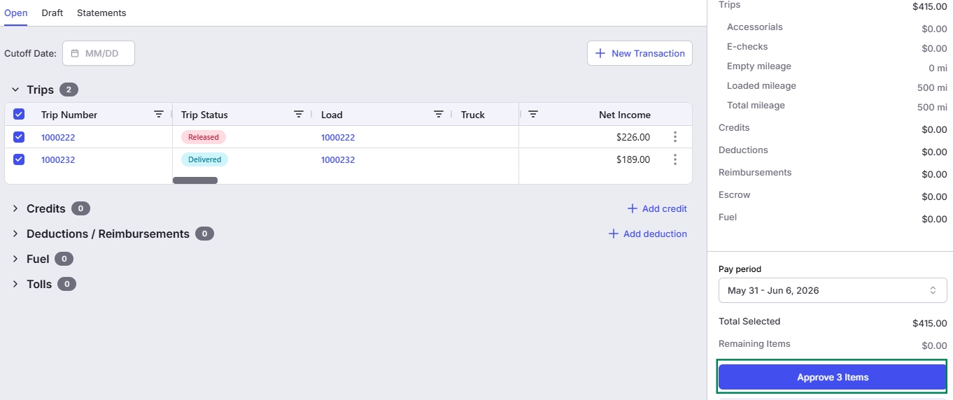 Shows the driver settlement workspace with a green frame emphasizing the blue Approve 3 Items button on the bottom right.