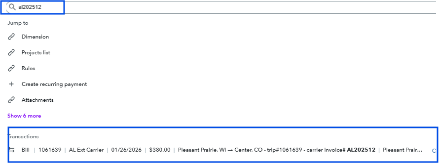 Shows global search results looking up carrier invoice 'AL202512' to locate its corresponding bill transaction row in the lower panel.