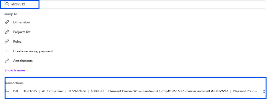 Shows global search results looking up carrier invoice 'AL202512' to locate its corresponding bill transaction row in the lower panel.