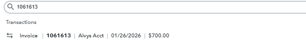 Displays the QBO transaction search bar results looking up a specific document number to find its corresponding Invoice database row.