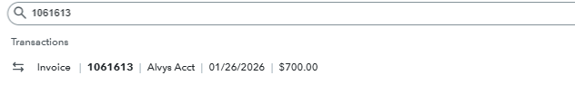 Displays the QBO transaction search bar results looking up a specific document number to find its corresponding Invoice database row.