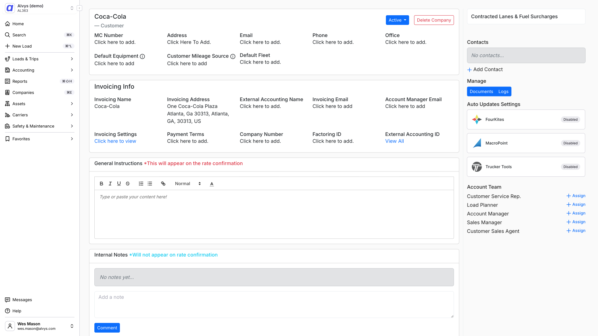Customer profile Auto Updates section with the TruckerTools card.