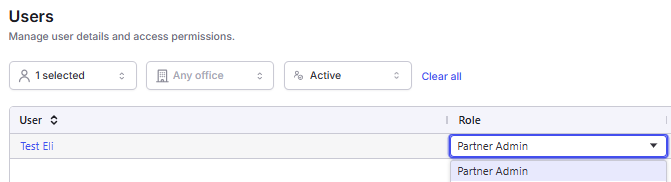Screenshot of the Office Admin role in Company Profile > Users.