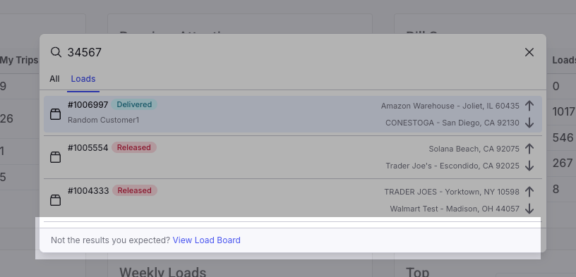 Search results panel with the View load board link