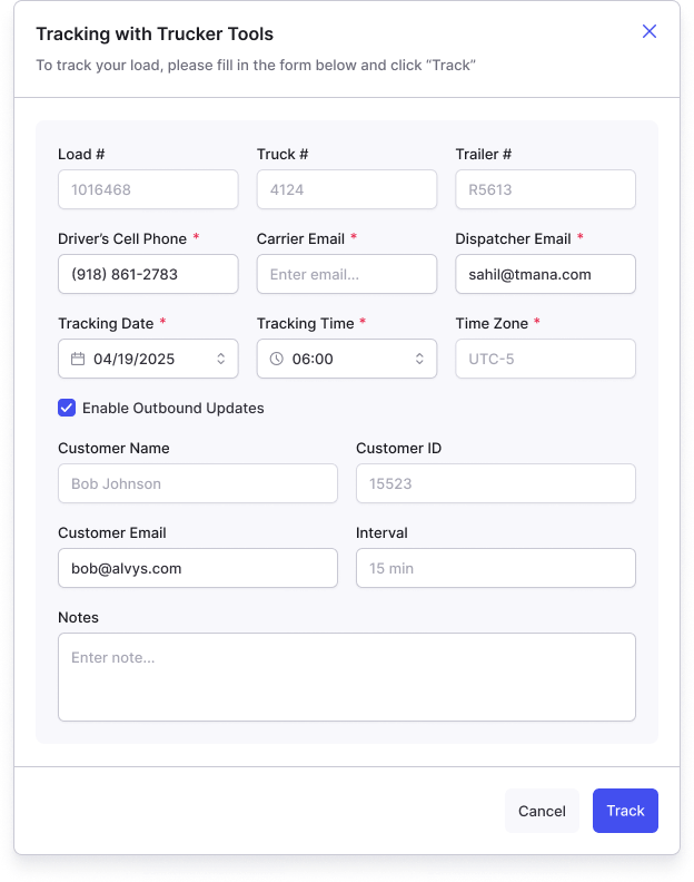 TruckerTools outbound checkbox enabled with Contacts and Email Interval fields.