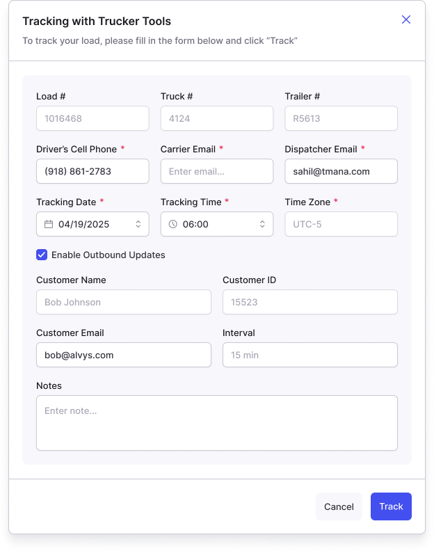 TruckerTools outbound checkbox enabled with Contacts and Email Interval fields.