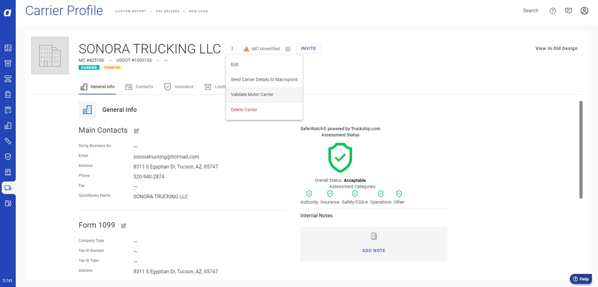Initiating a Motor Carrier Validation via Carrier profile. Shows the carrier profile page with the Motor Carrier Validation section and the verification trigger button.