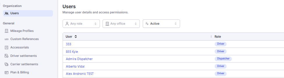 Company Profile with the Users tab selected in the left navigation.