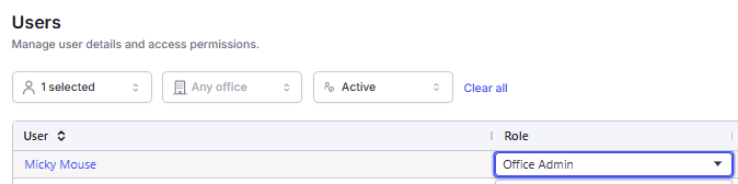Screenshot of the Biller role in Company Profile > Users.