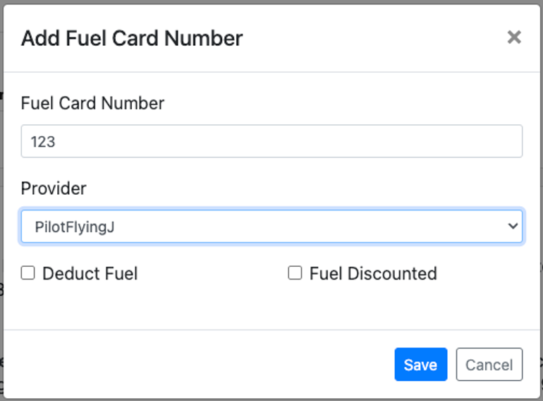 Add Fuel Card Number pop-up with the PilotFlyingJ provider