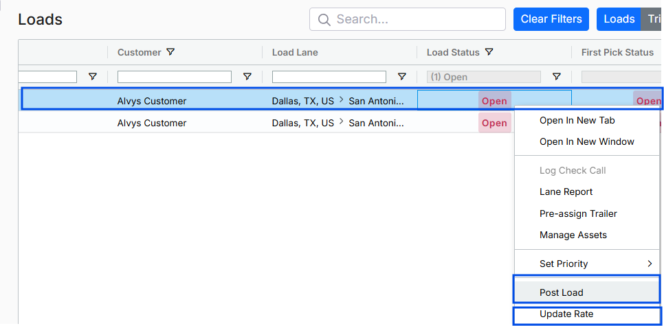 Load Board right-click context menu showing DAT options.
