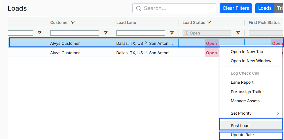 Load Board right-click context menu showing DAT options.