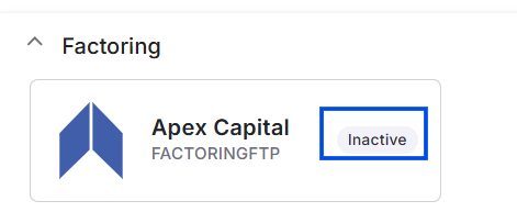 Integrations page with the Factoring section expanded and the Inactive button next to Apex Capital