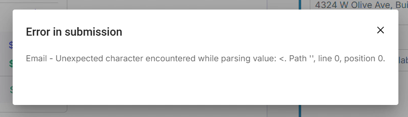 Screenshot of the error message displayed during invoice submission