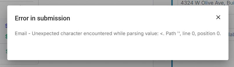 Screenshot of the error message displayed during invoice submission