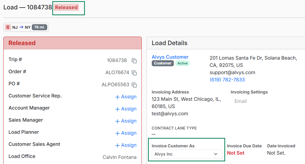 Features a load detail page, highlighting its Released status badge and the Invoice Customer As selection dropdown menu.