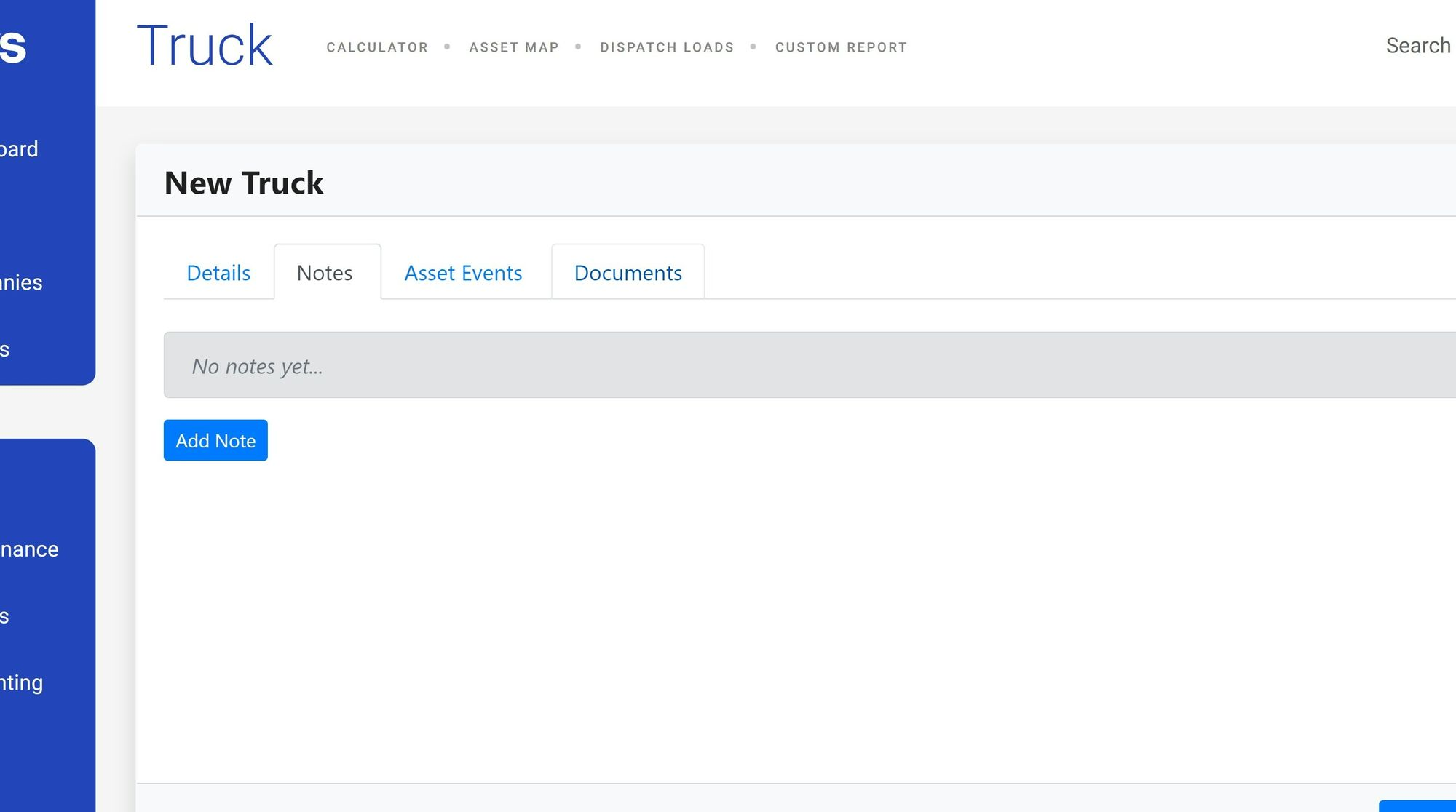 Shows the notes, documents, and asset events tabs at the bottom of the new truck form.