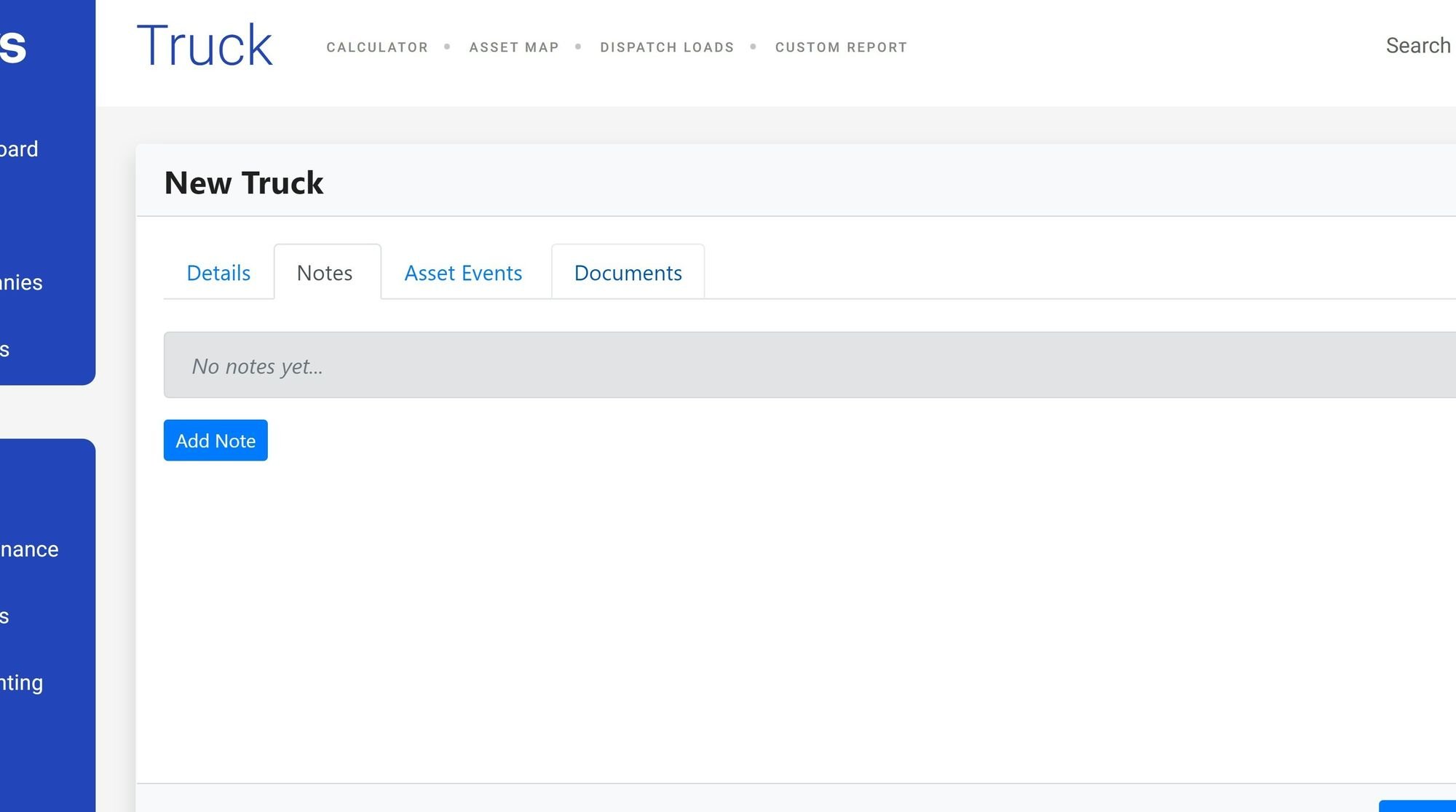 Shows the notes, documents, and asset events tabs at the bottom of the new truck form.
