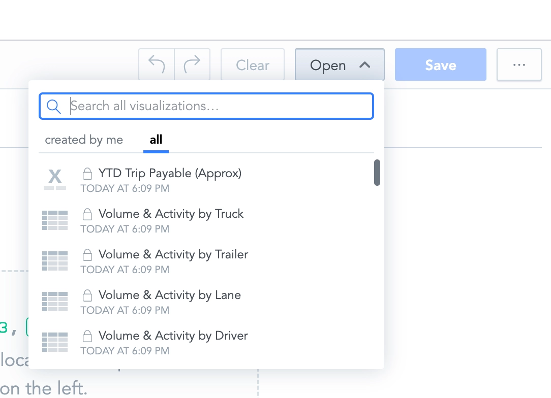 The Designer's Open dialog showing saved visualizations. Upload the image here.