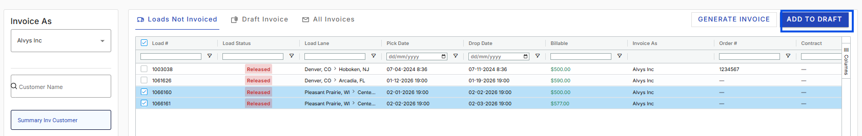 Summary Invoicing tab with customer selected