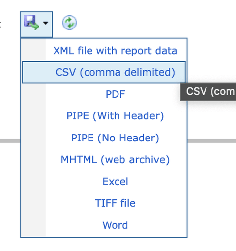 This image shows the export icon with the CSV option highlighted.