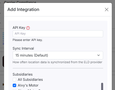 Screenshot showing the Master ELD integration card in Alvys with the API Key entry field