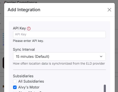 Screenshot showing the Master ELD integration card in Alvys with the API Key entry field