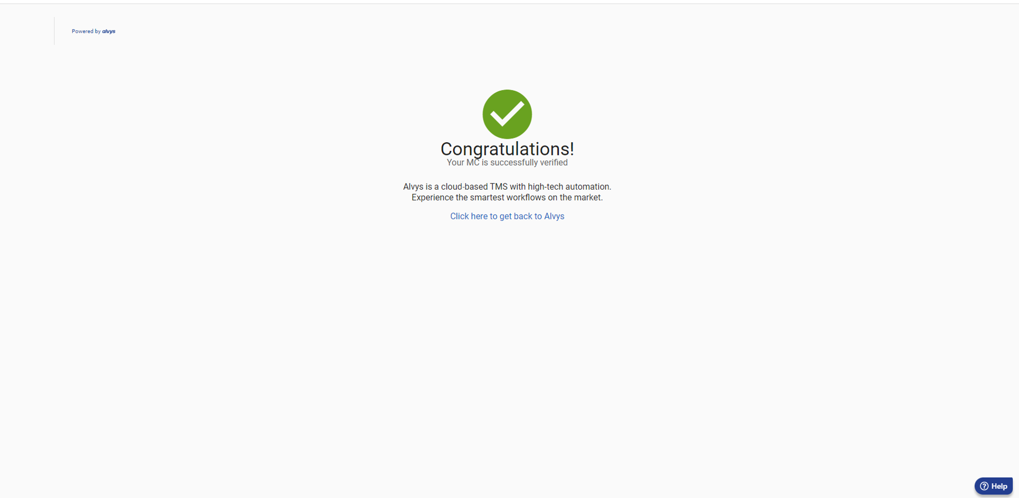 Successful Motor Carrier Validation message. Shows the success confirmation screen after a valid code is entered.