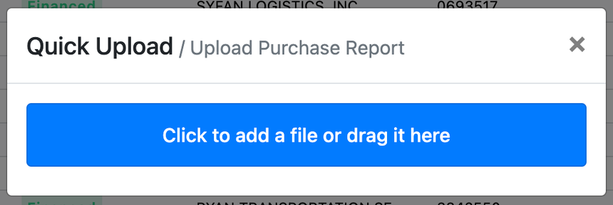 Screenshot showing the Upload Purchase Report button and loads updated to Financed status after upload