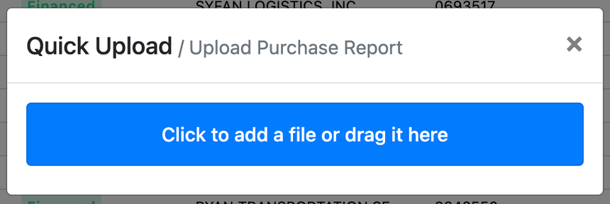 File drag-and-drop upload area on the Upload Purchase Report dialog