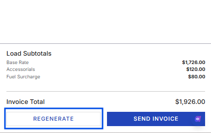 Features a load subtotal breakdown with a blue box highlighting the white REGENERATE action button.