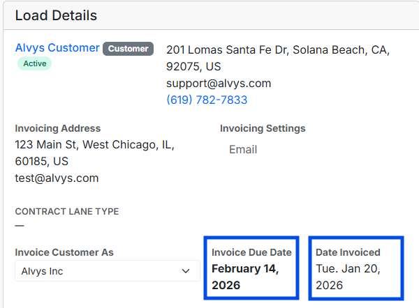 Invoice due date on the load details page of a load under the customer information.