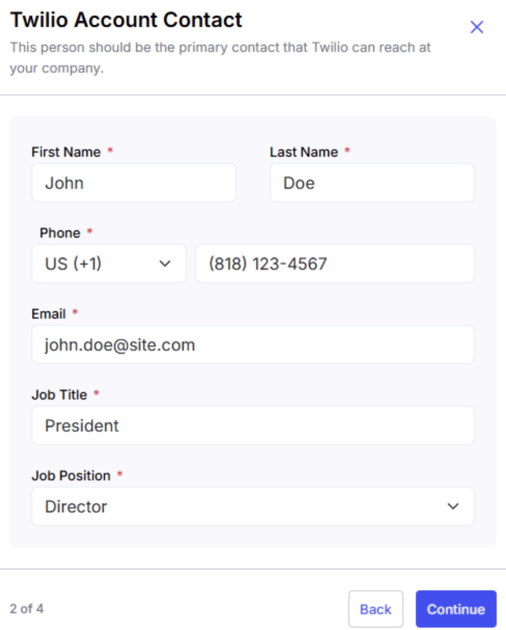Alvys Twilio Step 2 of 4 “Account Contact” form